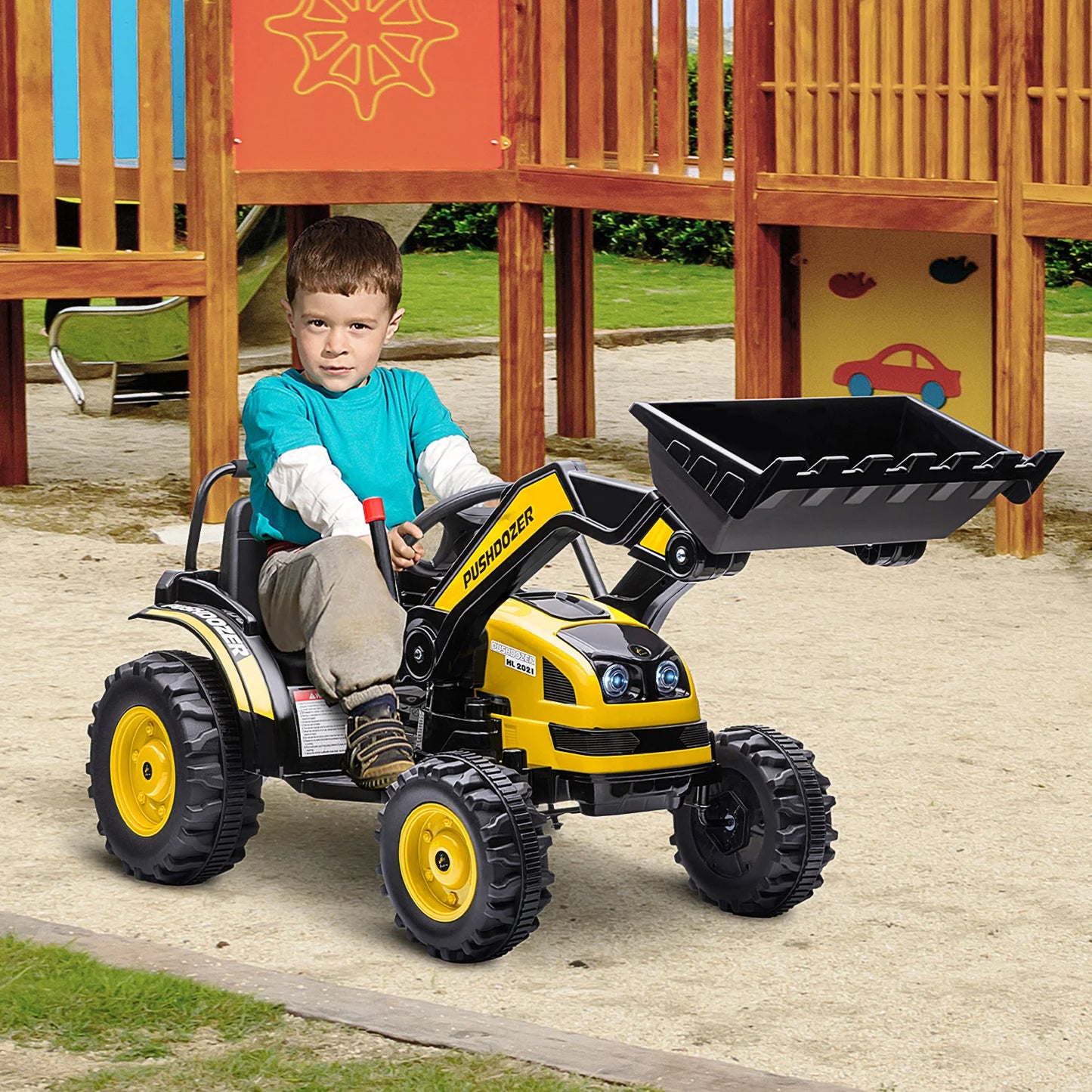 Electric Kids' Ride-On Construction Excavator – Yellow Tractor Toy with Shovel, Sounds & Lights – Rechargeable Battery-Powered Truck for Ages 3-5