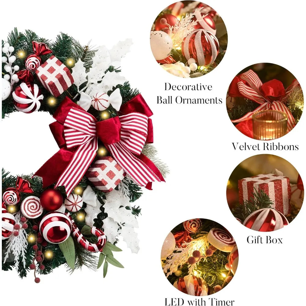 Large Outdoor Red & White Decorated Lighted 24 Inch Pre-Lit Front Door Christmas Wreath Christmas Decor
