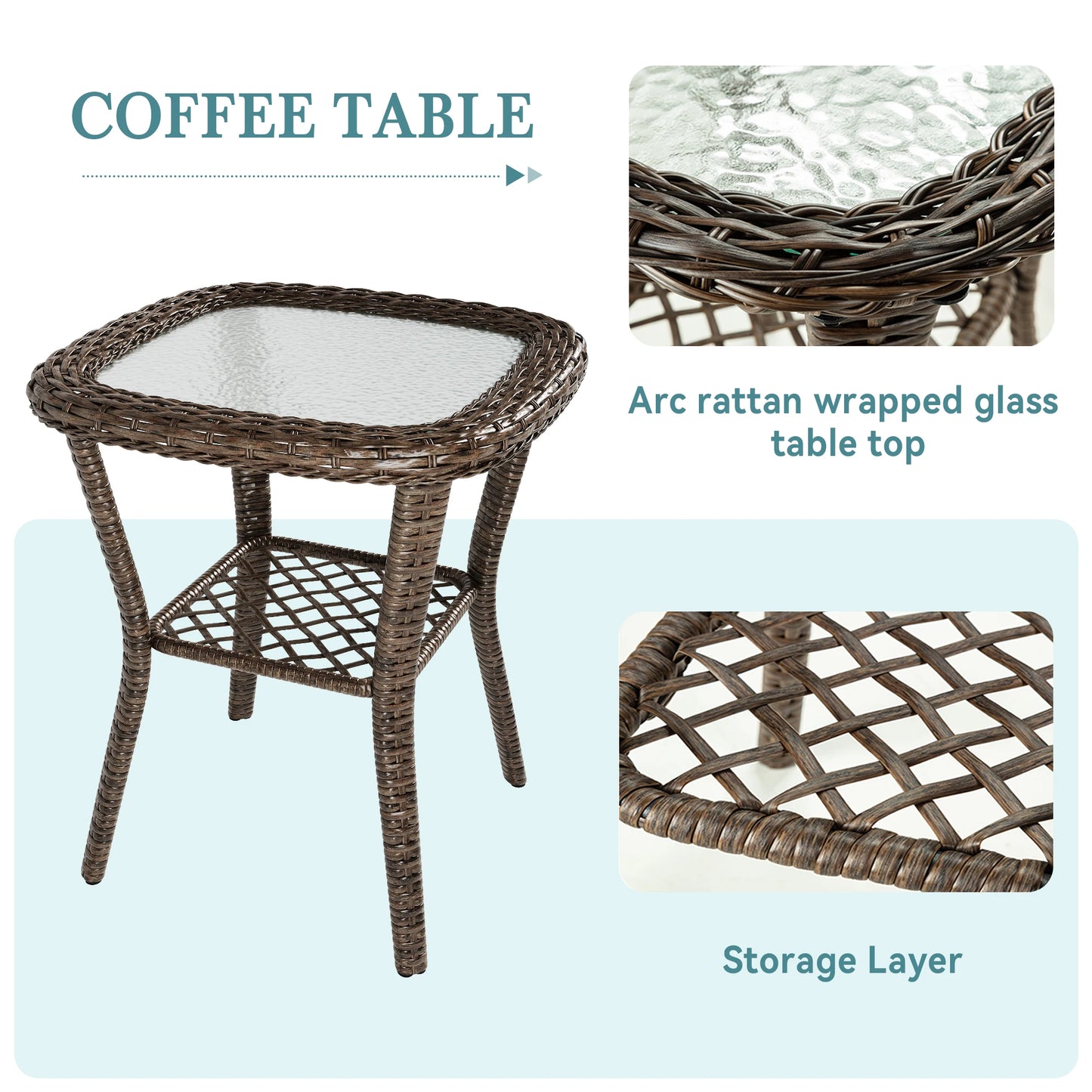 3-Piece Patio Bistro Set with Swivel Rocking Chairs & Glass Coffee Table
