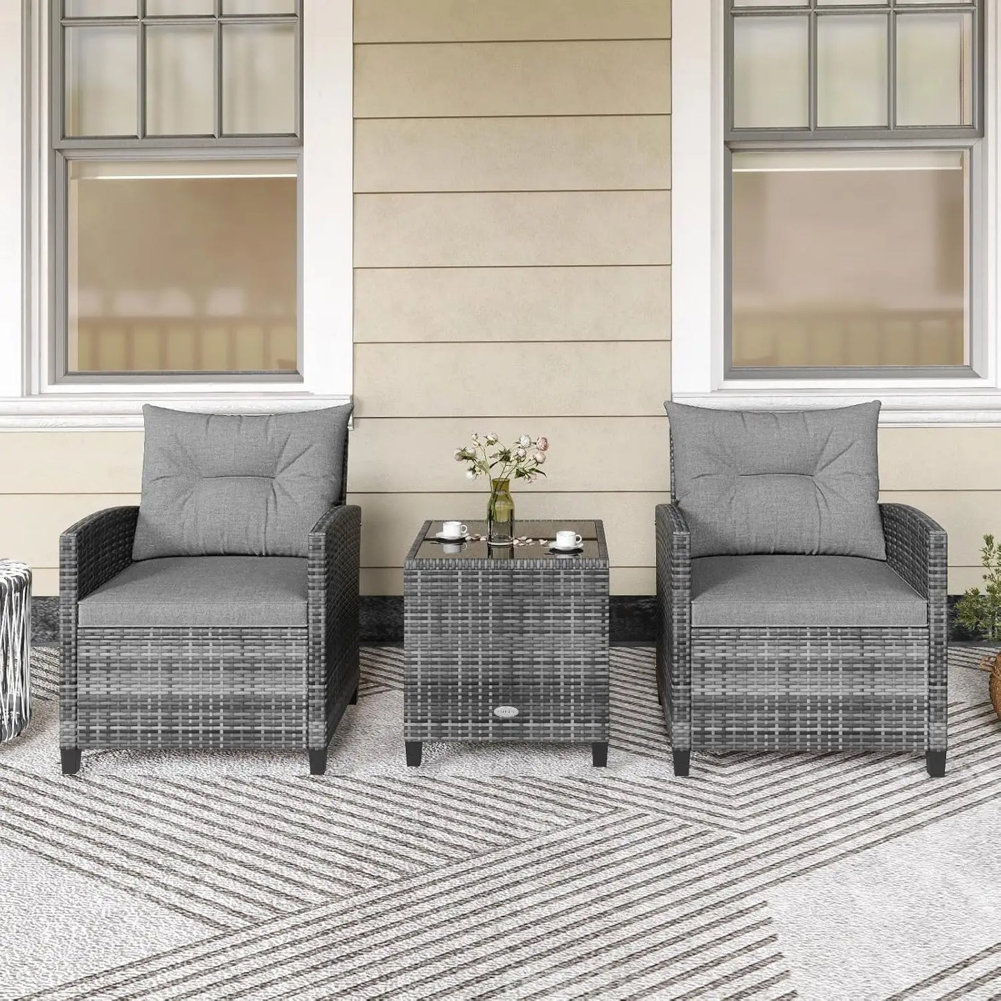 3-Piece Patio Furniture Set Outdoor PE Rattan Conversation Set with Cushions & Glass Table