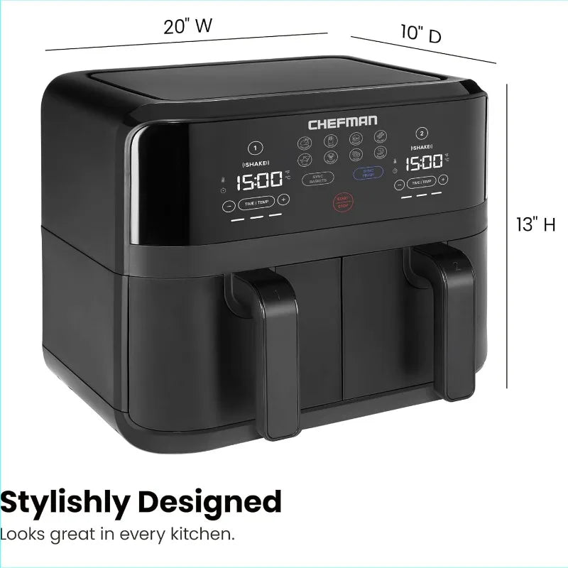 Chefman TurboFry® Touch 6-Quart Dual Basket Air Fryer – Sync Cook Finish, Hi-Fry Crisp Mode, Digital Touchscreen