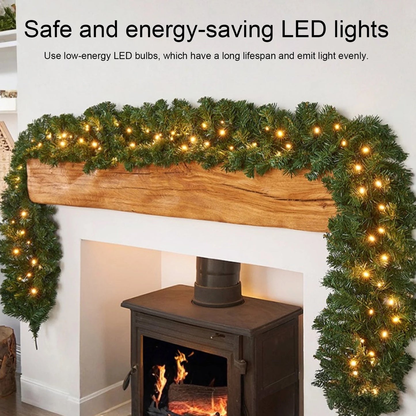 270cm Christmas Wreaths with 50 LED Lights Artificial Front Door Rattens Decor Xmas Faux Garland for Fireplace Stair Xmas Decor