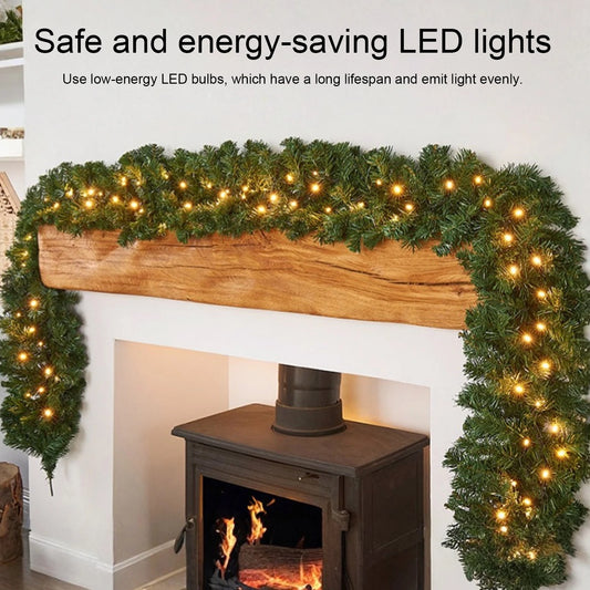 270cm Christmas Wreaths with 50 LED Lights Artificial Front Door Rattens Decor Xmas Faux Garland for Fireplace Stair Xmas Decor