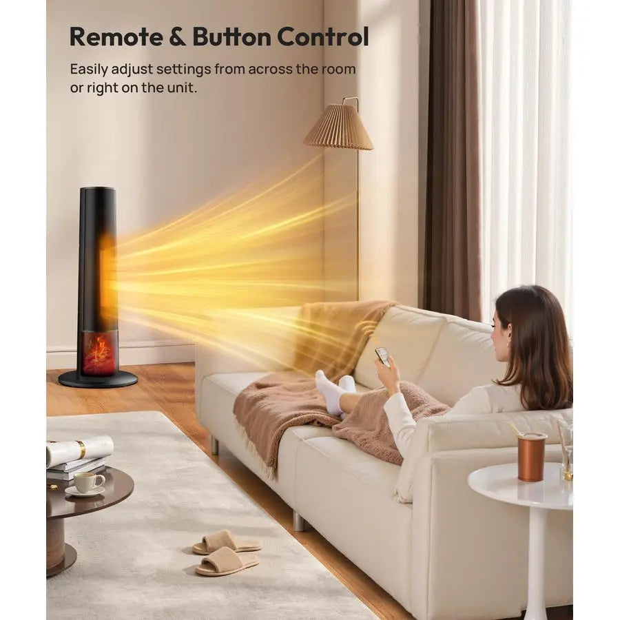 Electric Tower Heater with 3D Flame, Thermostat, Tip-Over Protection & Remote – 1500W Portable Space Heater for Bedroom & Office