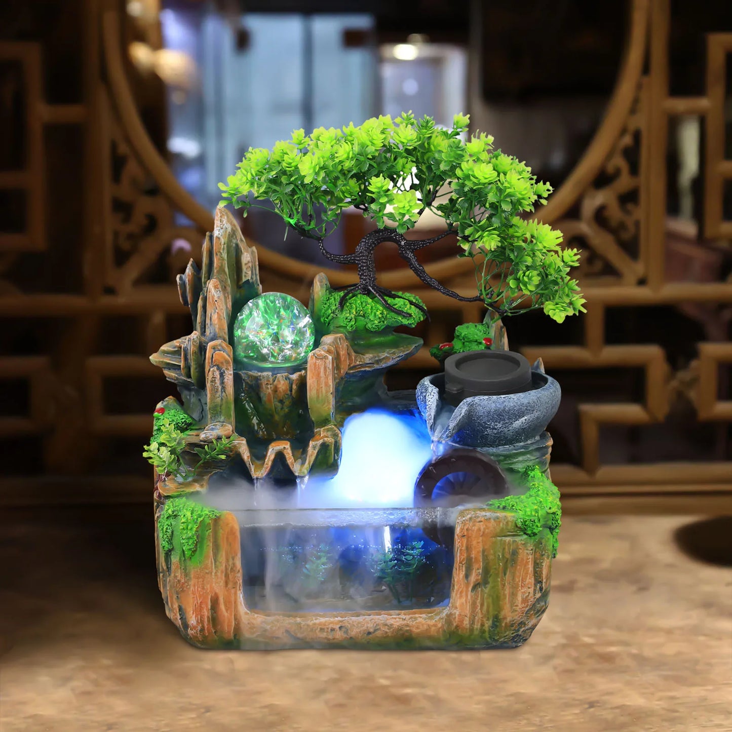 Small Rockery Water Fountain with LED Light & Mist Effect – Tranquil Tabletop Decor for Home or Office