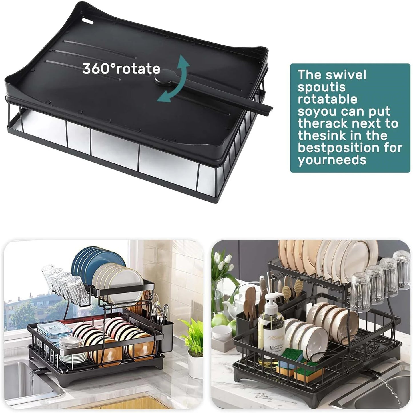 2-Tier Stainless Steel Dish Drying Rack | Large Countertop Organizer with Drainer & Cutlery Holder