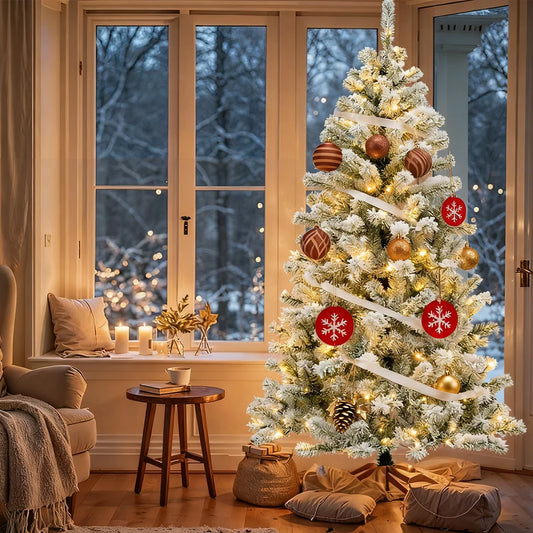 190/180cm Pre-Lit Snow Flocked Artificial Christmas Tree Christmas Decorations 200 LED Lights 460 Branch Tips Party Home Decor