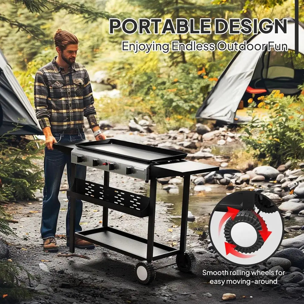 Portable 4-Burner Propane Griddle – 40,000 BTU Outdoor Gas Grill with Enamel Tray, Rolling Cart, Side Shelves & Ignition – Flat Top BBQ Griddle for Backyard & Camping