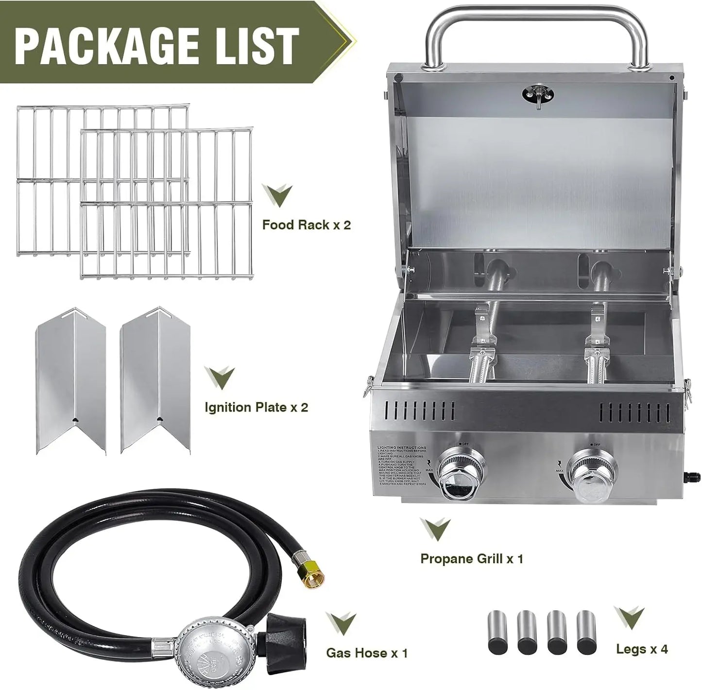 Stainless Steel Tabletop Propane Gas Grill – 2 Burners, 20,000 BTUs, Portable BBQ for Camping, Tailgating, Patio, RV Trips & Backyard Use