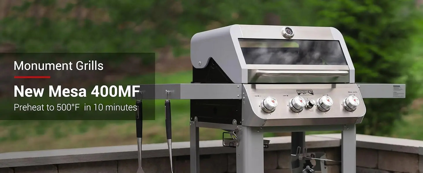 Monument Grills Mesa 400MF – 4-Burner Stainless Steel Propane Gas Grill with Viewing Lid, Foldable Shelf & 570 Sq. In. Cooking Space