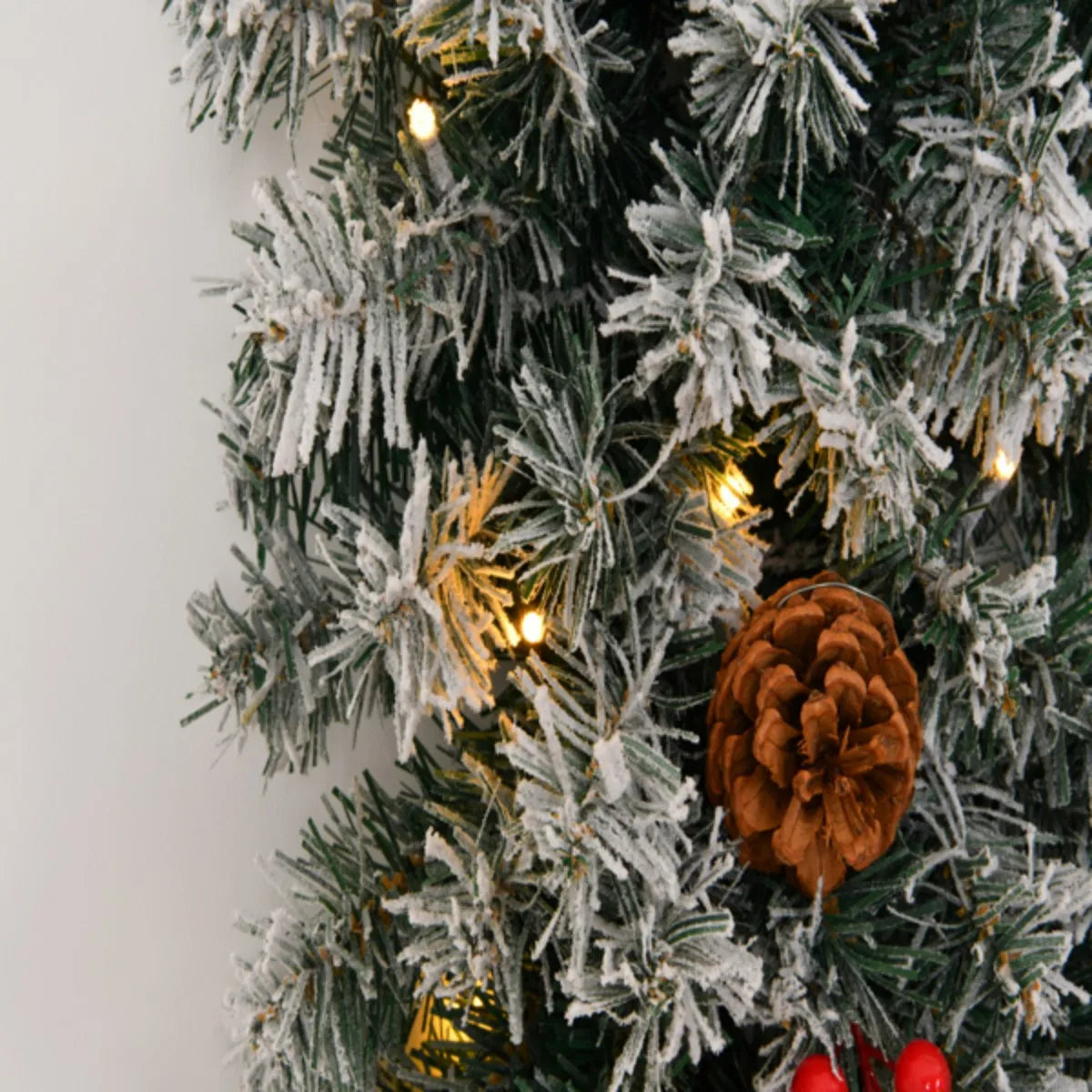 24" Christmas Wreath with Remote Lighted Snow Flocked Artificial Xmas Wreath Warm Lights Ornaments for Door Gate Wall Party Deco