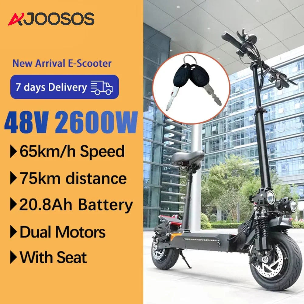 Electric Scooter 2600W Dual Motor – 40 MPH, 48V 20.8Ah Battery, Foldable with Seat, 80KM Range