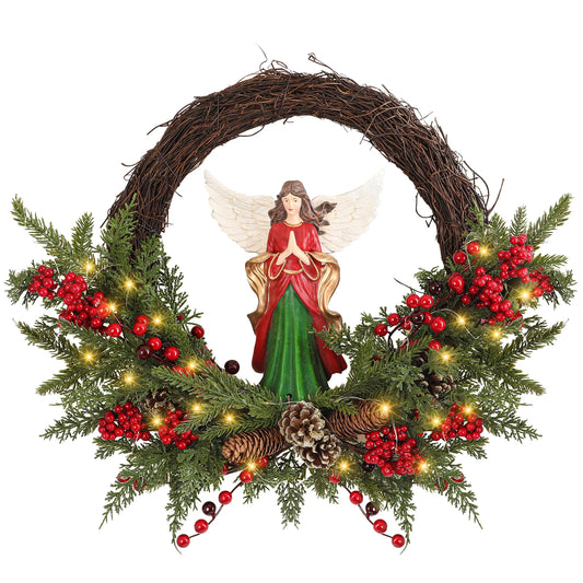 24 Inch 30 LED Pre-Lit Christmas Angel Wreath for Door/Wall