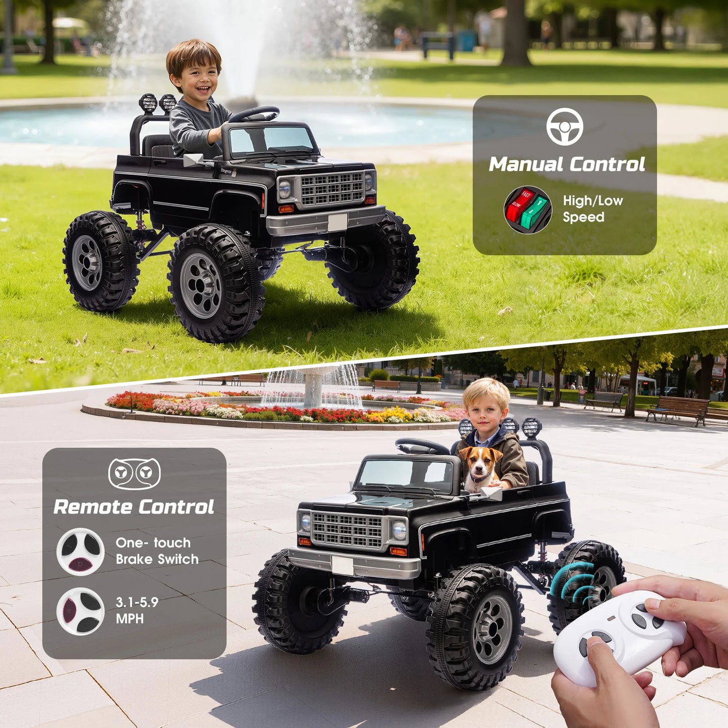 24V Off-Road Electric Ride-On Truck for Kids – Dual Motors – Big Wheels – MP3, Remote Control, LED Lights – Black