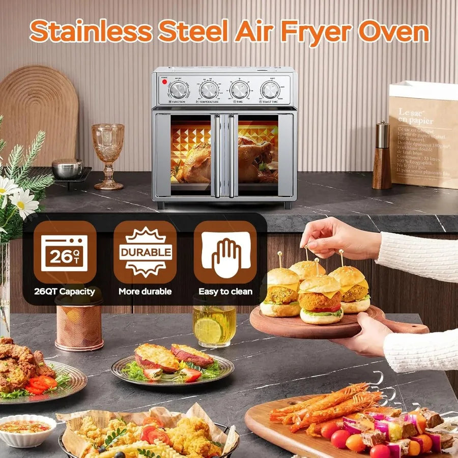 26QT Air Fryer Toaster Oven Combo with French Doors – 1700W Stainless Steel Convection Countertop Oven with 7 Presets for Baking, Toasting, Broiling & Air Frying