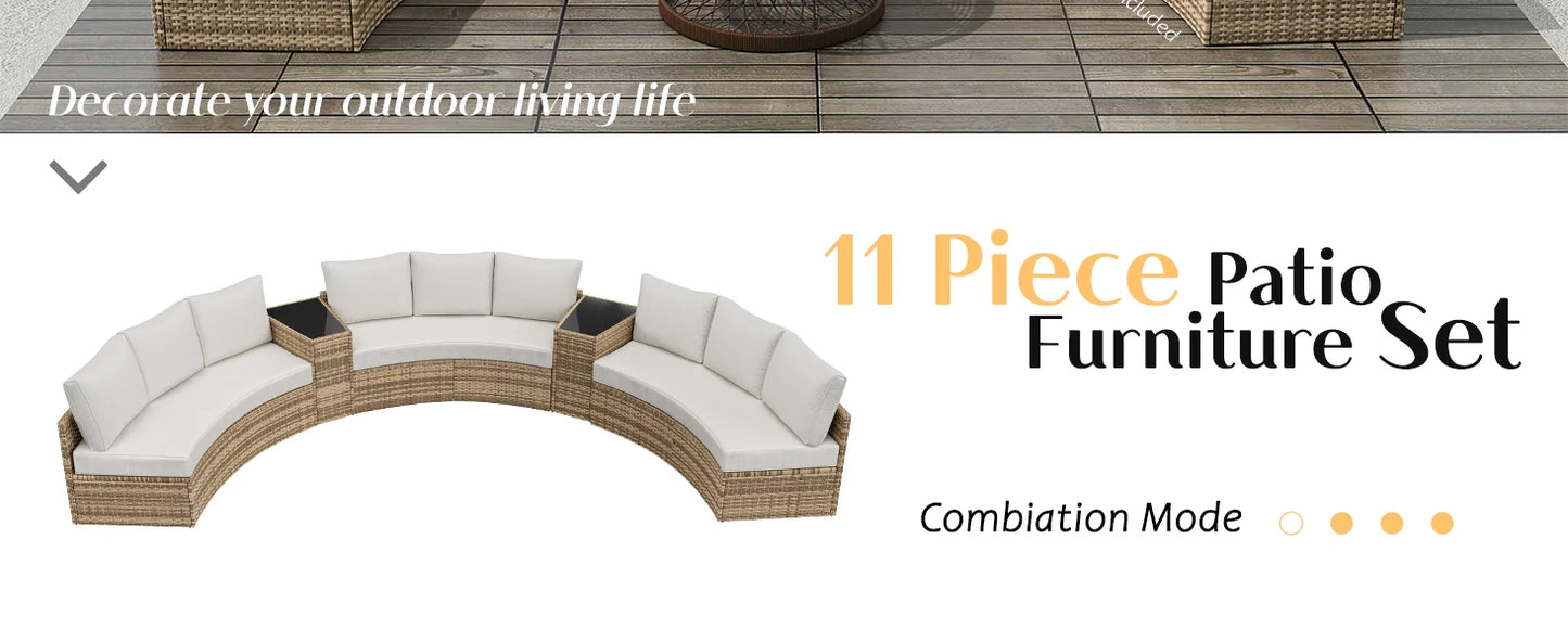Patio Furniture Sets, 11 Piece Half-Moon Sectional Round Sofa Set, Outdoor Patio Furniture with Cushions & Wedge Table