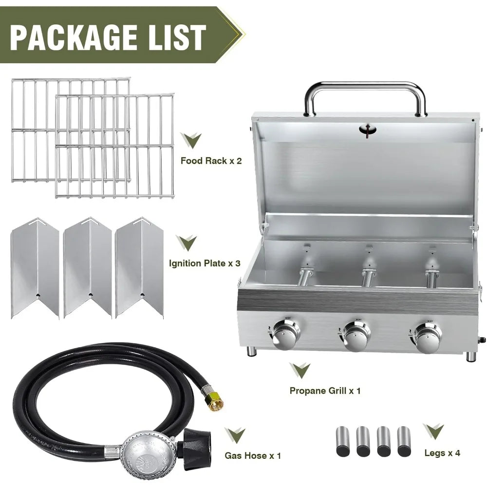 Portable Propane Gas Grill with 3 Burners, 30,000 BTU, Durable Thick Grates and Stainless Steel Controls