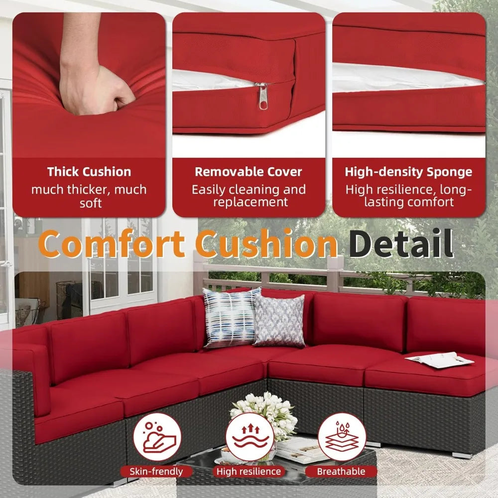 7-Piece Outdoor Patio Furniture Set – Wicker Sectional Sofa with Cushions & Glass Coffee Table