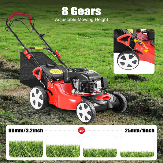 Self-Propelled Gas Lawn Mower 5HP 140CC, 20 Inch Cutting Width with 60L Grass Bag, 8 Height Adjustable 4-Stroke Engine