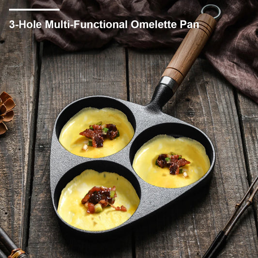 CCast Iron 3-Hole Egg Frying Pan with Wooden Handle – Multi-Section Non-Stick Breakfast Skillet