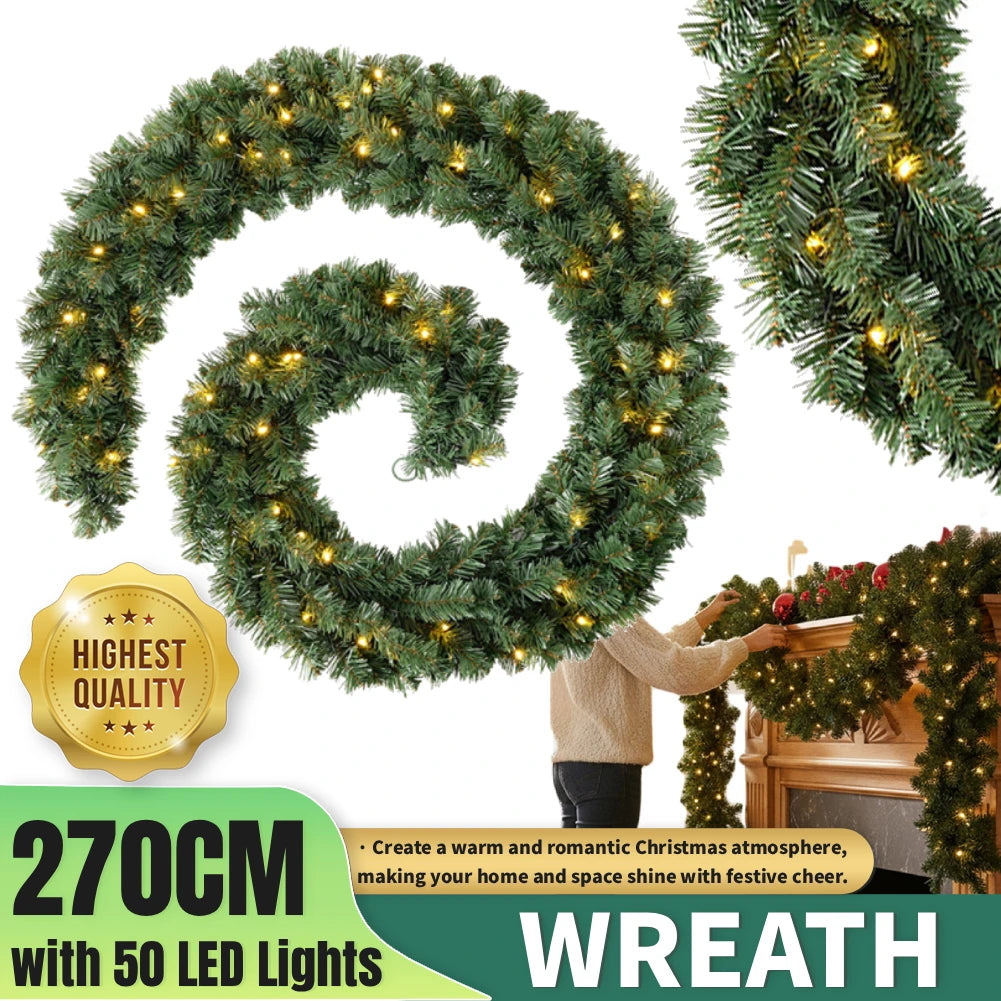 270cm Christmas Wreaths with 50 LED Lights Artificial Front Door Rattens Decor Xmas Faux Garland for Fireplace Stair Xmas Decor