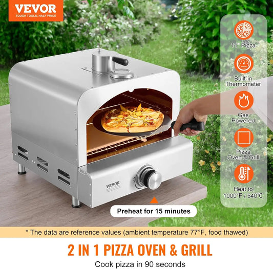 Vevor 2-in-1 Outdoor Gas Pizza Oven & Grill – Stainless Steel, 1000°F Max Heat, with Pizza Stone, Visual Door & Thermometer