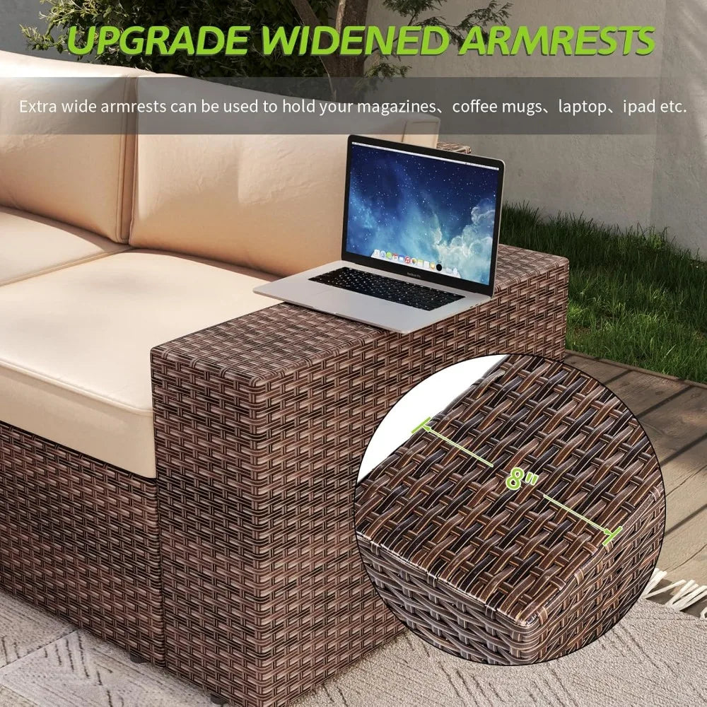 7 Piece Patio Furniture Set with 44" Fire Pit Table – Outdoor Wicker Sectional Conversation Set with Thick Cushions