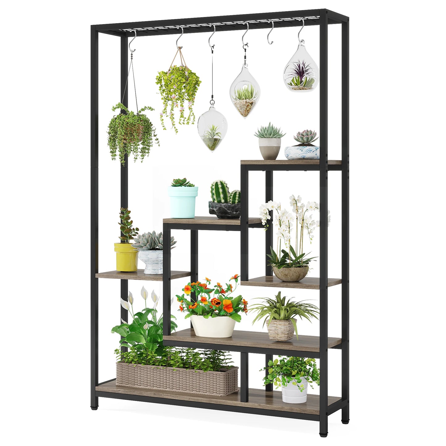 Tribesigns 5-Tier Tall Indoor Plant Stand, 70.9" Large Metal Plant Shelf with 10 Hanging Hooks for Garden, Balcony, Living Room & Patio