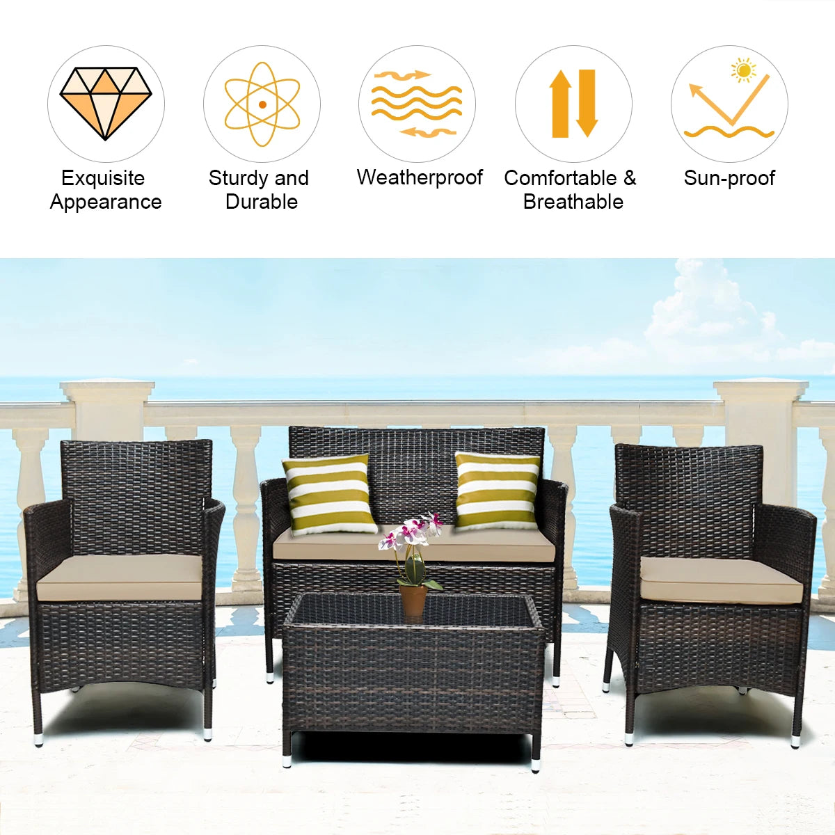 4-Piece Rattan Patio Furniture Set with Cushioned Sofa Chairs & Glass Coffee Table