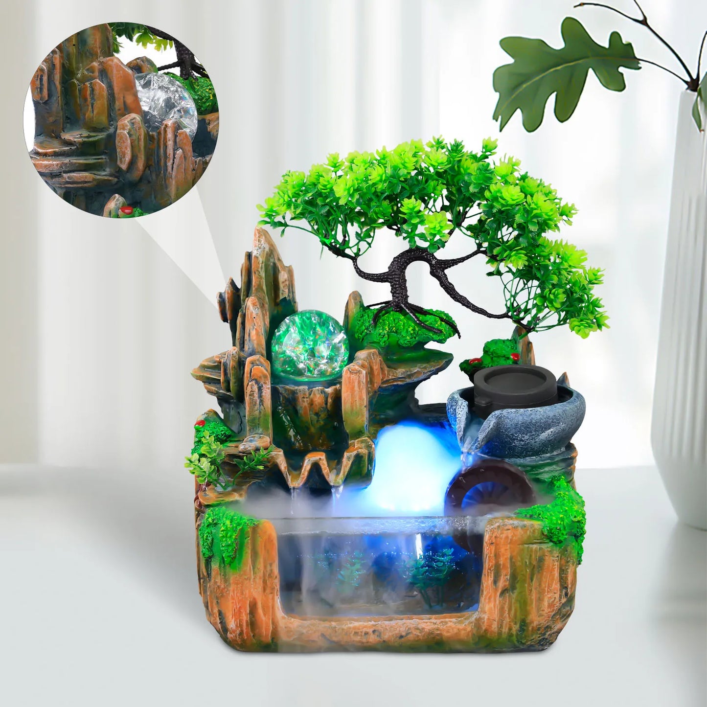 Small Rockery Water Fountain with LED Light & Mist Effect – Tranquil Tabletop Decor for Home or Office