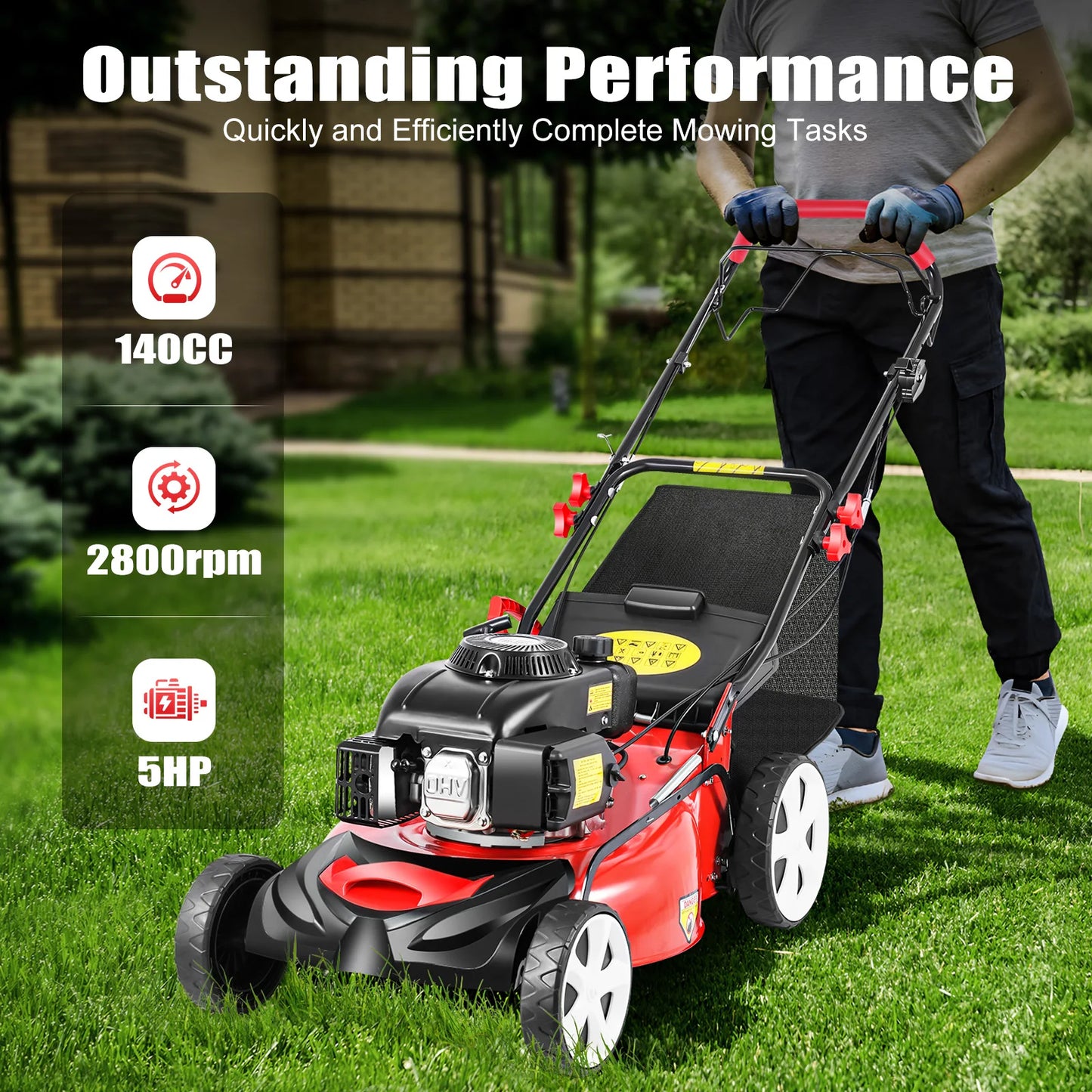 Self-Propelled Gas Lawn Mower 5HP 140CC, 20 Inch Cutting Width with 60L Grass Bag, 8 Height Adjustable 4-Stroke Engine