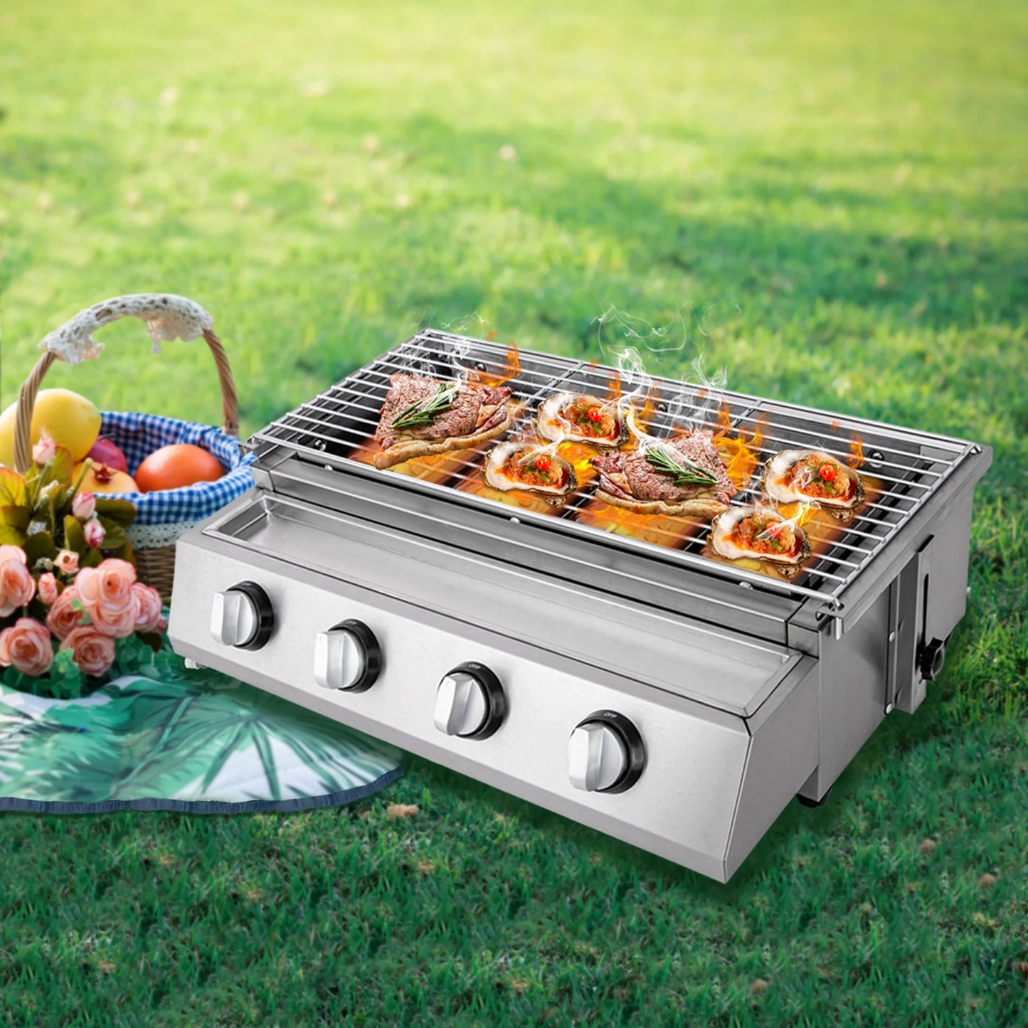 Portable 4-Burner Stainless Steel LPG Gas Grill – Smokeless Tabletop BBQ Grill with Adjustable Height and Removable Grate for Outdoor Cooking