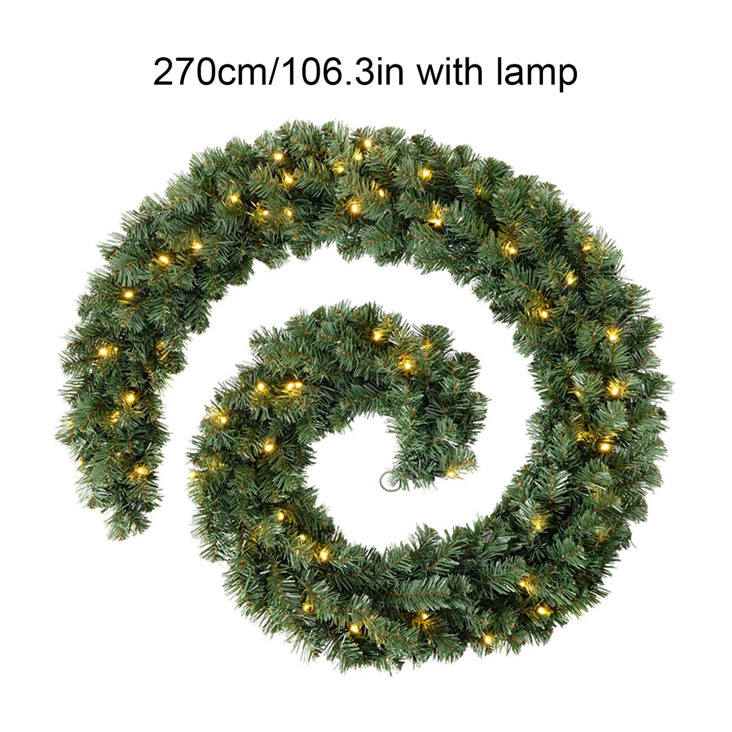 270cm Christmas Wreaths with 50 LED Lights Artificial Front Door Rattens Decor Xmas Faux Garland for Fireplace Stair Xmas Decor