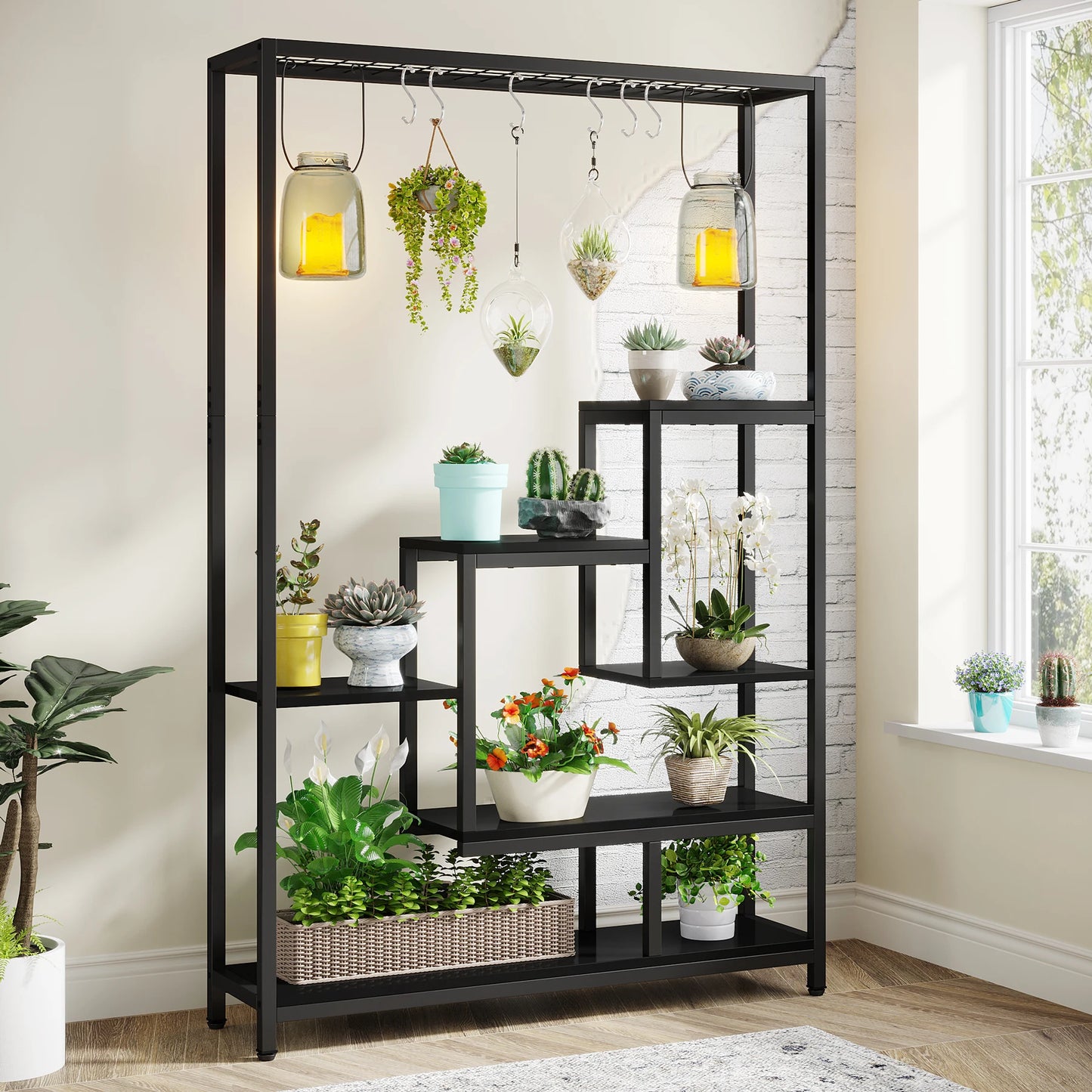 Tribesigns 5-Tier Tall Indoor Plant Stand, 70.9" Large Metal Plant Shelf with 10 Hanging Hooks for Garden, Balcony, Living Room & Patio