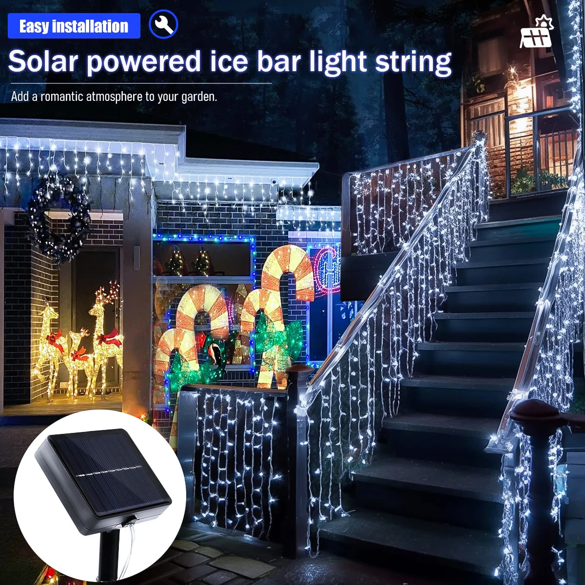 Solar LED Eaves Icicle String Lights 8 Lighting Modes Outdoor Waterproof Christmas Decorations