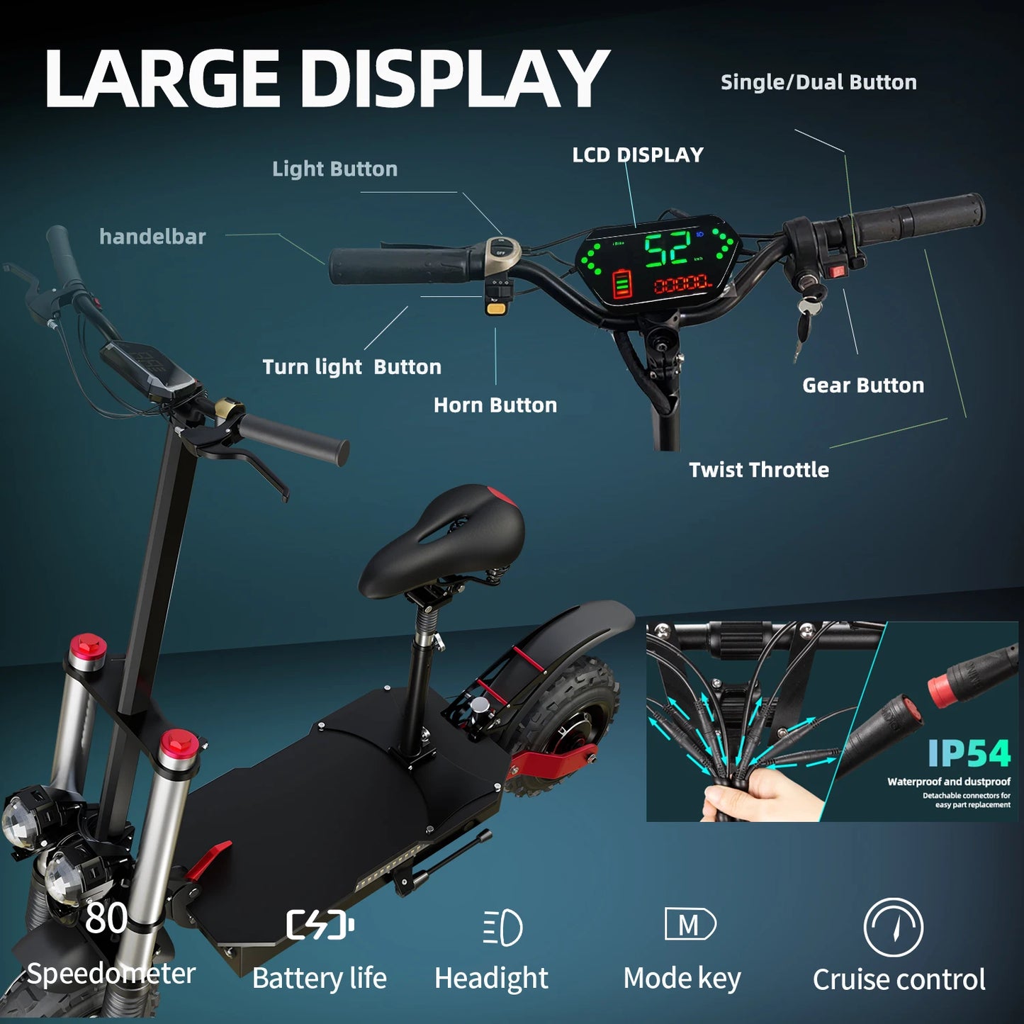 6000W 72V Electric Scooter – High-Speed Off-Road eScooter with Seat, Dual Drive, and LCD Display