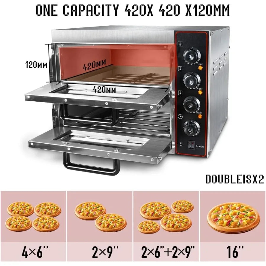 Commercial 1700W Stainless Steel Electric Pizza Oven – Dual Deck Countertop Baking Oven