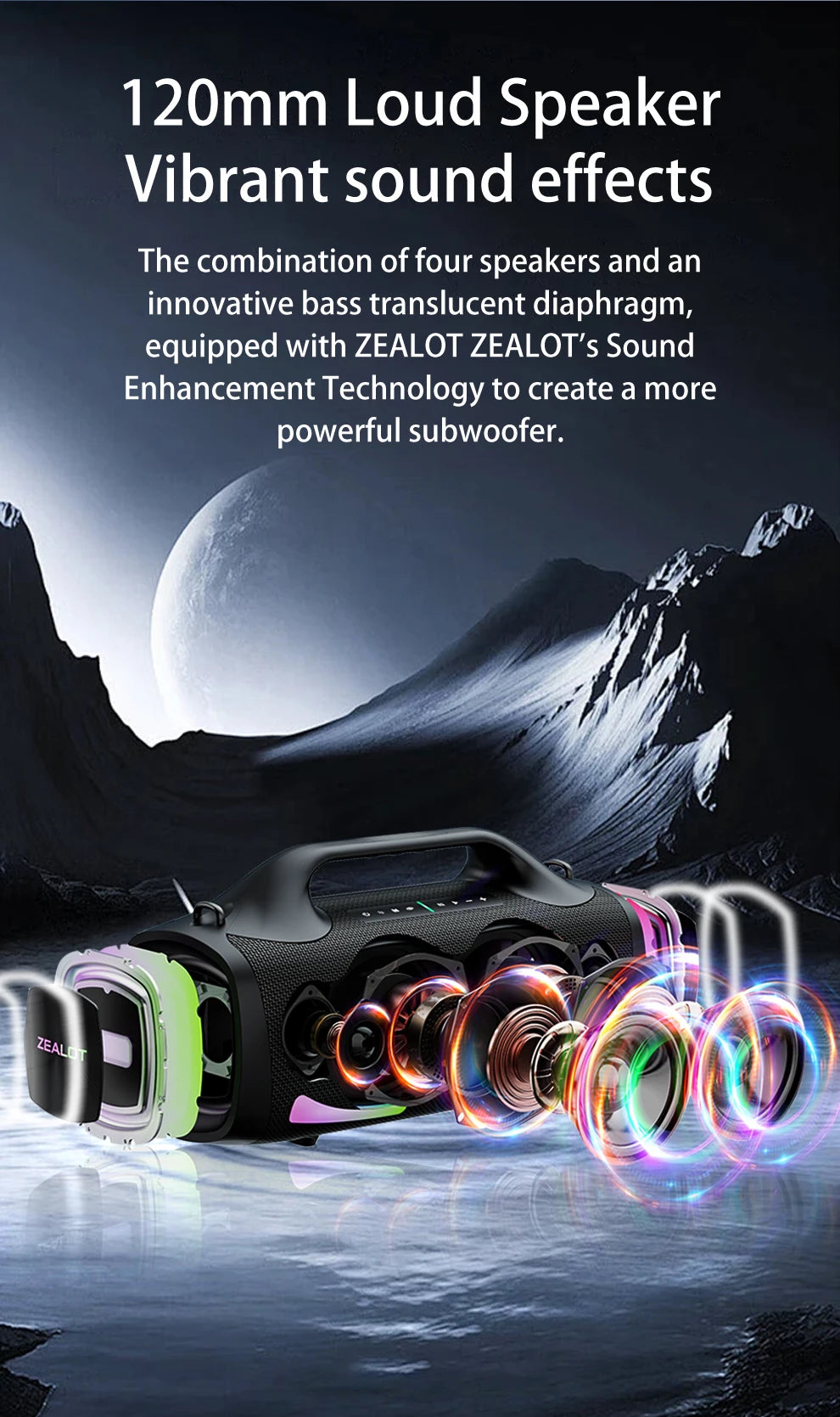 ZEALOT 100W Portable Bluetooth Subwoofer Speaker – 24000mAh Battery, RGB Lights, Waterproof, Wireless Pairing