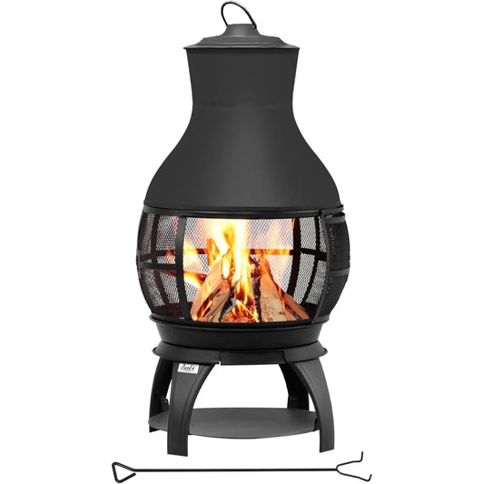 Outdoor Chiminea Fire Pit – 17.7" W x 35.6" H Wood-Burning Patio Fireplace with 360° View, Mesh Sides & Ash Tray – Cast Iron & Steel Construction (Brown-Black)