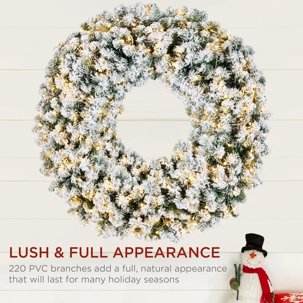 Large 30-inch Flocked Artificial Pre-Lit Fir Christmas Wreath with 100 Dual LED Lights - Holiday Decor Accent