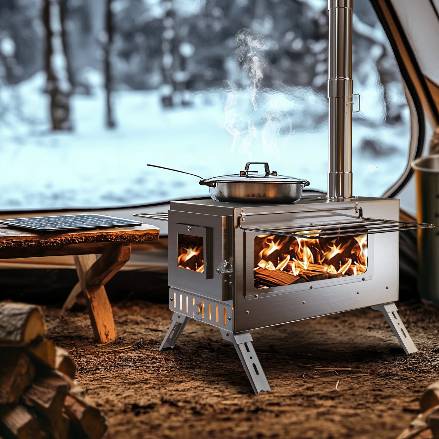 UNHO Portable Stainless Steel Wood Burning Camp Stove – Foldable Tent Heater & Cooker with Chimney Pipes & Accessories