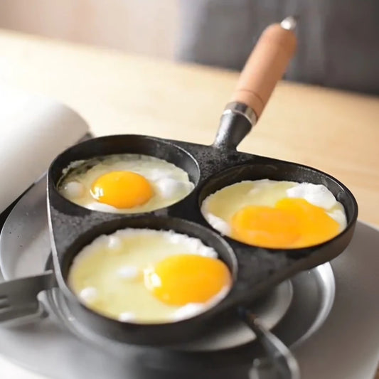 CCast Iron 3-Hole Egg Frying Pan with Wooden Handle – Multi-Section Non-Stick Breakfast Skillet