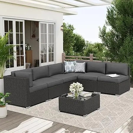 7-Piece Outdoor Patio Furniture Set – Wicker Sectional Sofa with Cushions & Glass Coffee Table