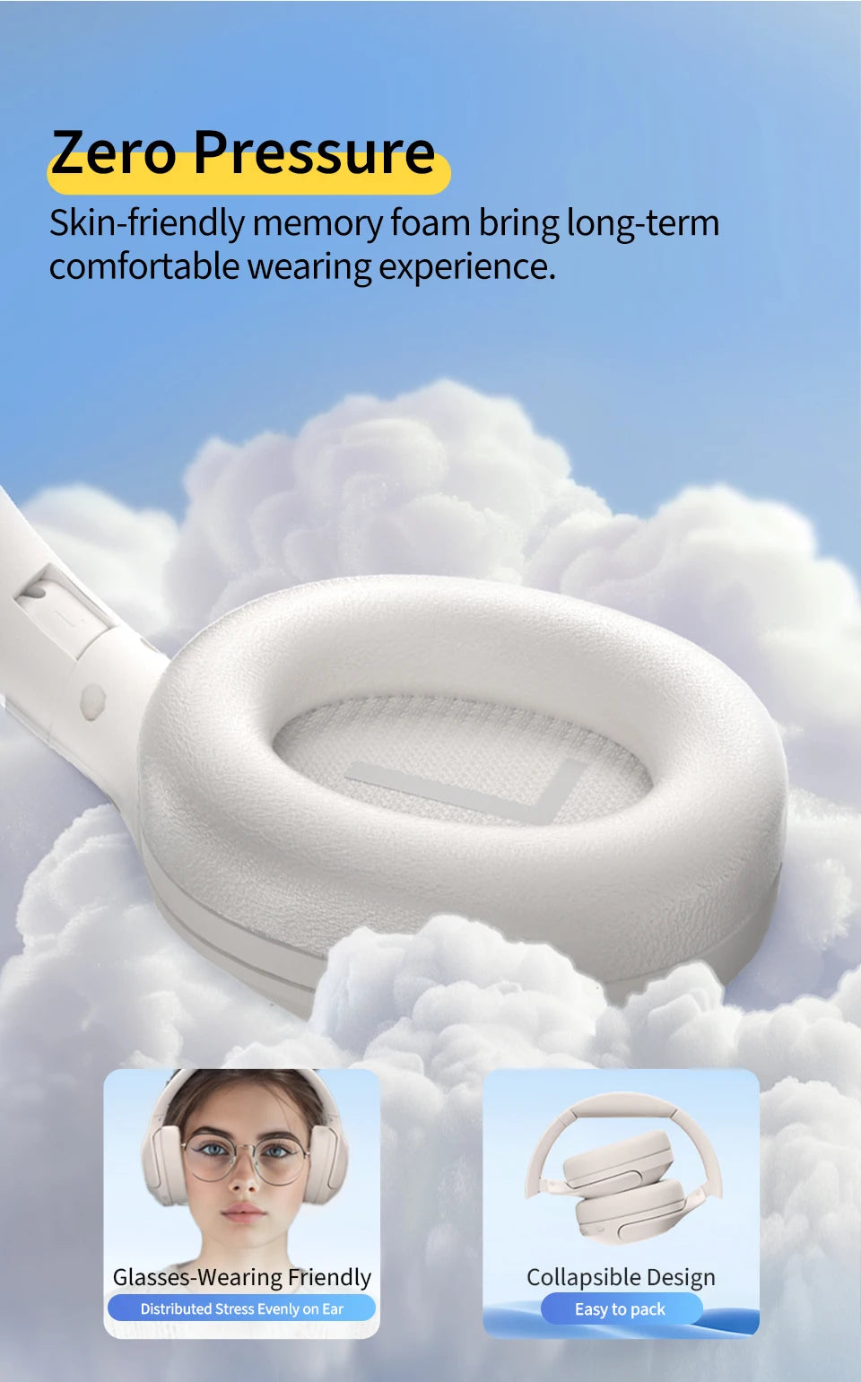 QCY H3 Lite ANC Wireless Headphones Bluetooth 5.3 Over-Ear Headset with HiFi Sound, 40mm Drivers & 60H Battery Life