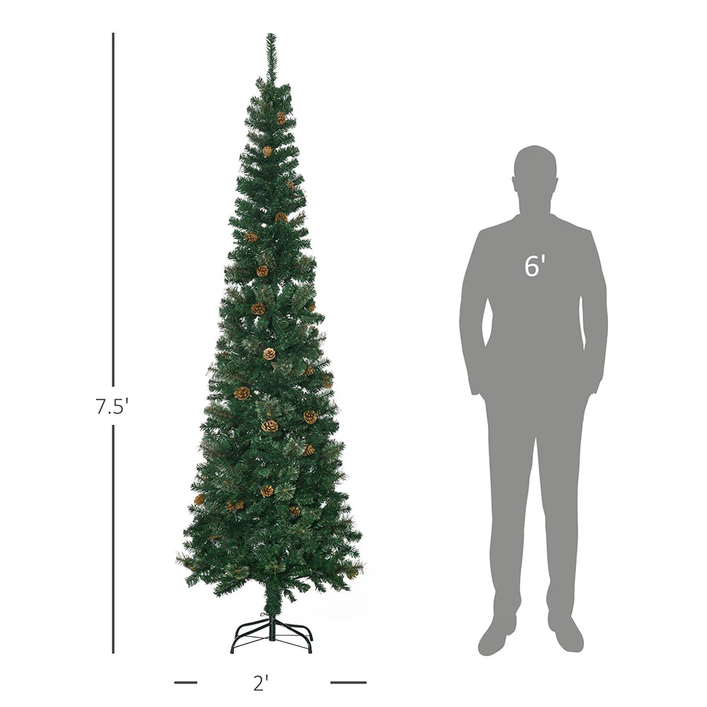 6.5 / 7.5 / 9.5ft Green Slim Pencil Christmas Tree with Realistic Branches, Pine Cones & Metal Base,
