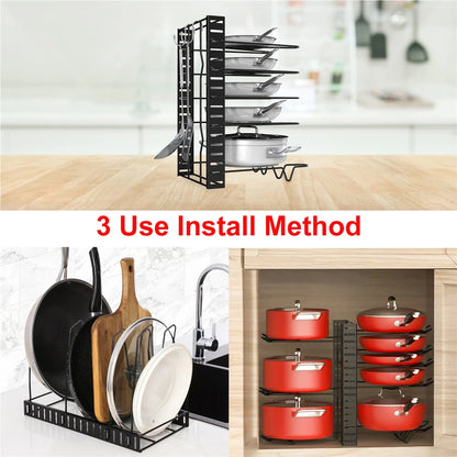 8-Tier Adjustable Pot & Pan Organizer Rack | Heavy-Duty Iron Storage Shelf for Kitchen Cabinets