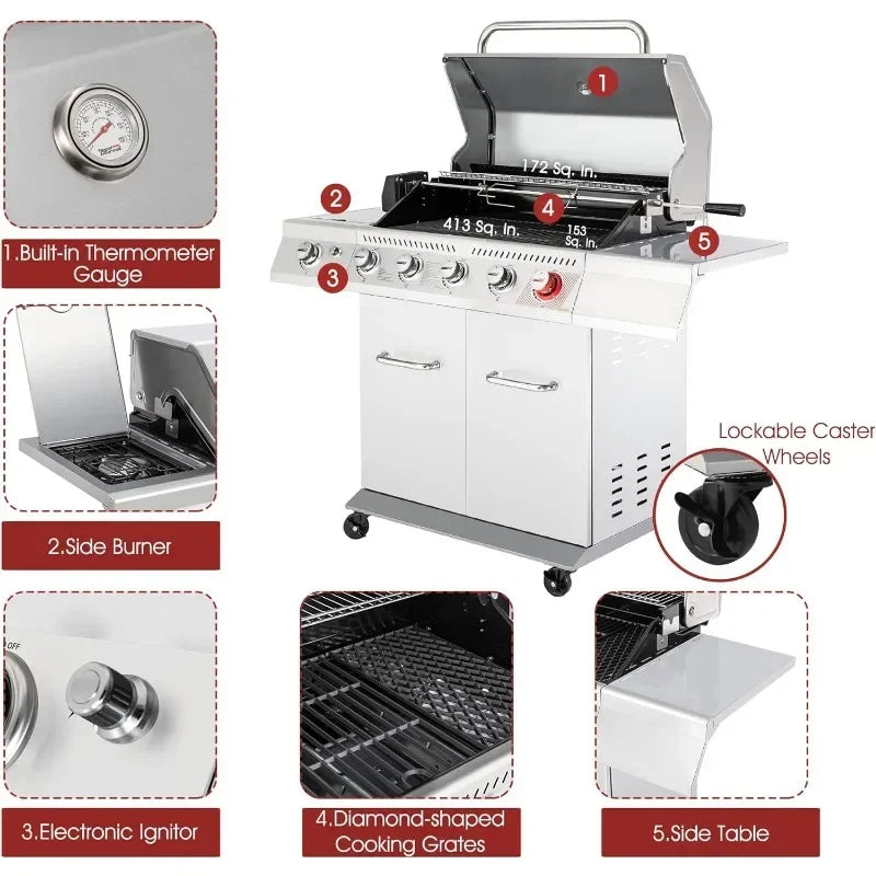 HOT 5-Burner Propane Gas Grill with Side Burner, Stainless Steel Barbeque Grills, Silver, GA5404S