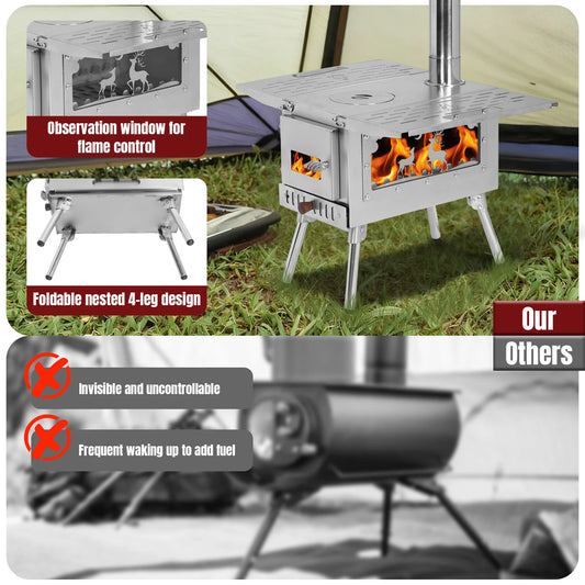 Portable Wood Burning Stove – Stainless Steel Tent Stove with Chimney Pipe & Pellet Burner for Outdoor Cooking