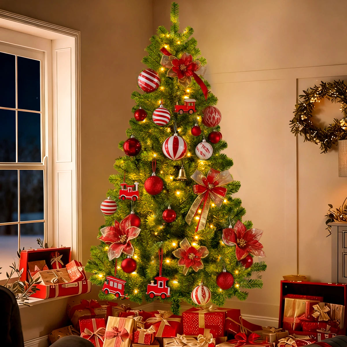 2025 Christmas Decorations 190/180cm Prelit Snow Flocked Artificial Christmas Tree Pop Up 100/200 Lights Party Home Decor Xmas