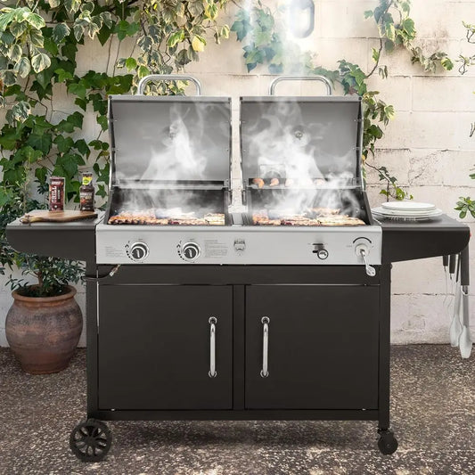 ZH3002N Propane Gas & Charcoal Grill Combo – Dual Fuel BBQ Grill with Cabinet & Side Shelves